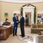 President Barack Obama and former Massachusetts Gov. Mitt Romney talks in the Oval Office following their lunch, Nov. 29, 2012. (Official White House Photo by Pete Souza) This official White House photograph is being made available only for publication by news organizations and/or for personal use printing by the subject(s) of the photograph. The photograph may not be manipulated in any way and may not be used in commercial or political materials, advertisements, emails, products, promotions that in any way suggests approval or endorsement of the President, the First Family, or the White House.Ê